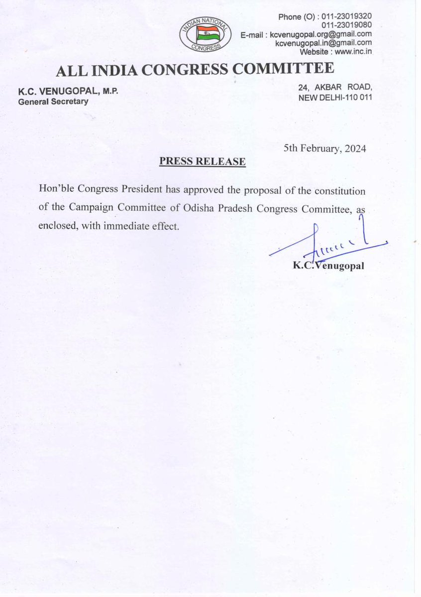INCSandesh's tweet photo. Hon'ble Congress President has approved the proposal of the constitution of the Campaign Committee of Odisha Pradesh Congress Committee, as enclosed, with immediate effect. https://t.co/ZVCirj8P6s