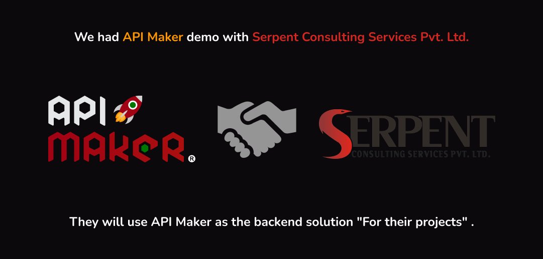 We really enjoyed demo with
@Serpent_CS 

They will use API Maker 🚀 in their next projects as backend technology.  
💥Thank you. 😊

#backend #javascript #apimaker #apidevelopment