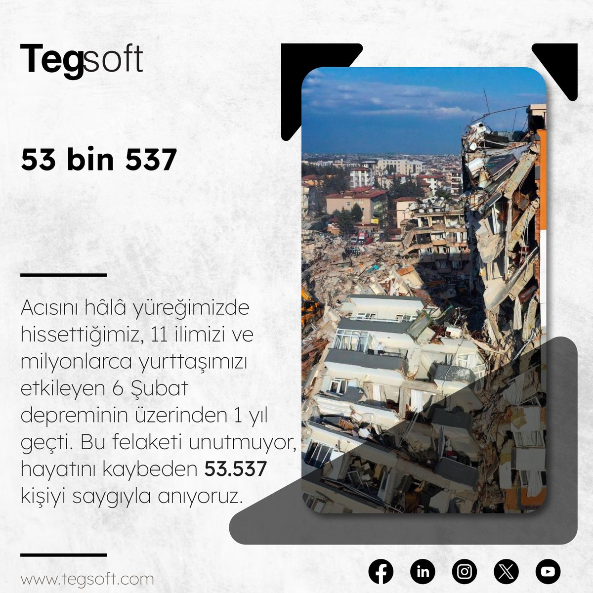 11 ilimizi ve milyonlarca insanımızı etkileyen, hala yüreğimizde hissettiğimiz 6 Şubat depreminin üzerinden 1 yıl geçti. Bu felaketi unutmuyor, hayatını kaybeden 53.537 kişiyi saygıyla anıyoruz.

#deprem #6şubat