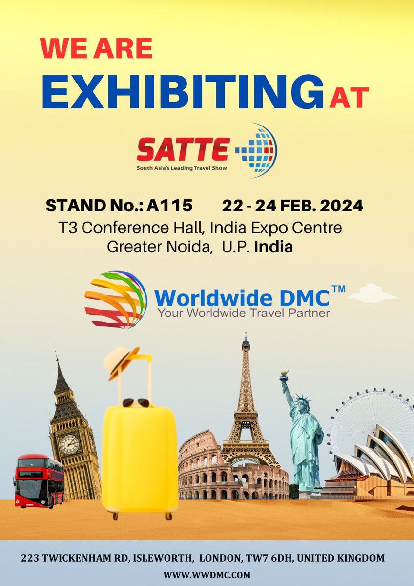 SATTE 2024, Greater Noida | Worldwide DMC - DMC for UK, Europe, USA, Australia Meet Team Worldwide DMC at Stand A-115, 22-24 February 2024. Discuss about the Travel & Tourism, MICE, Hotel, Attractions, Transfers, Sightseeing Appointment: Enquiries@wwdmc.com #SATTE #Noida #Delhi