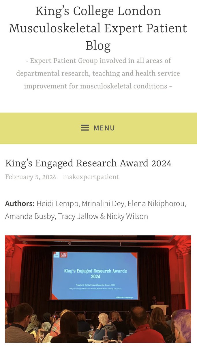 👇🏼 Head to the <a href="/KingsCollegeLon/">King's College London</a> Musculoskeletal Expert Patient blog to read about our experience at the <a href="/KingsEngages/">King's Engaged Researcher Network</a> awards #KERA

😃 We were delighted to be shortlisted &amp; see the fantastic #PatientEngagement work going on across KCL!

🔗 mskexpertpatient.wordpress.com/blog/