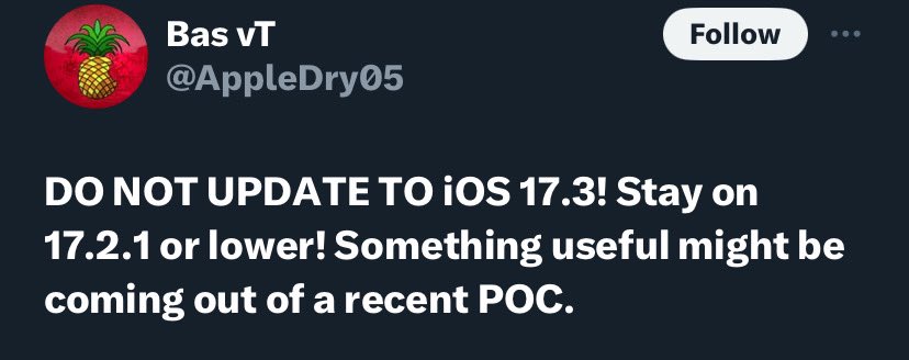'DO NOT UPDATE TO iOS 17.3! Stay on 17.2.1 or lower! Something useful might be coming out of a recent POC.'