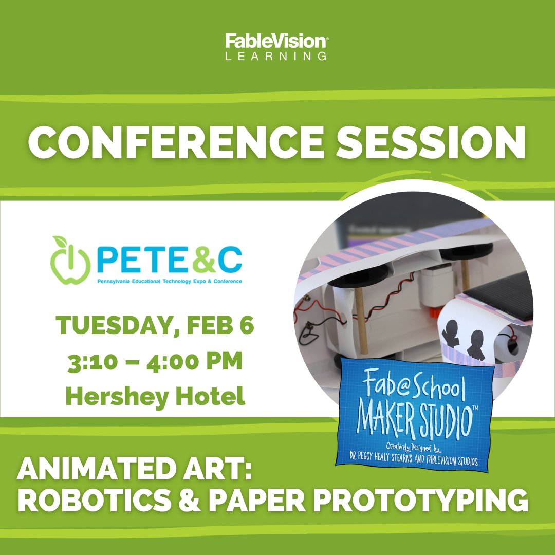 FableLearn's tweet image. Calling all Pennsylvania educators! Join the FableVision/Reynolds Center team at PETE&amp;amp;C. We have FOUR amazing, Fab-tastic, STEAM-powered ways to #CreateBravely! Eager to connect the dots! #petec
