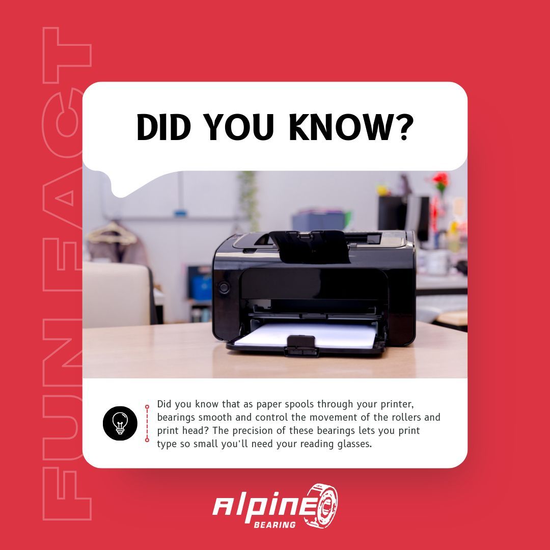 AlpineBearing's tweet photo. Did you know that as paper spools through your printer, bearings smooth and control the movement of the rollers and print head? The precision of these bearings lets you print type so small you’ll need your reading glasses. 🔍🖨️ #printerfacts #bearingfacts https://t.co/9naA8ZTVvw https://t.co/zaLzxBnPiD
