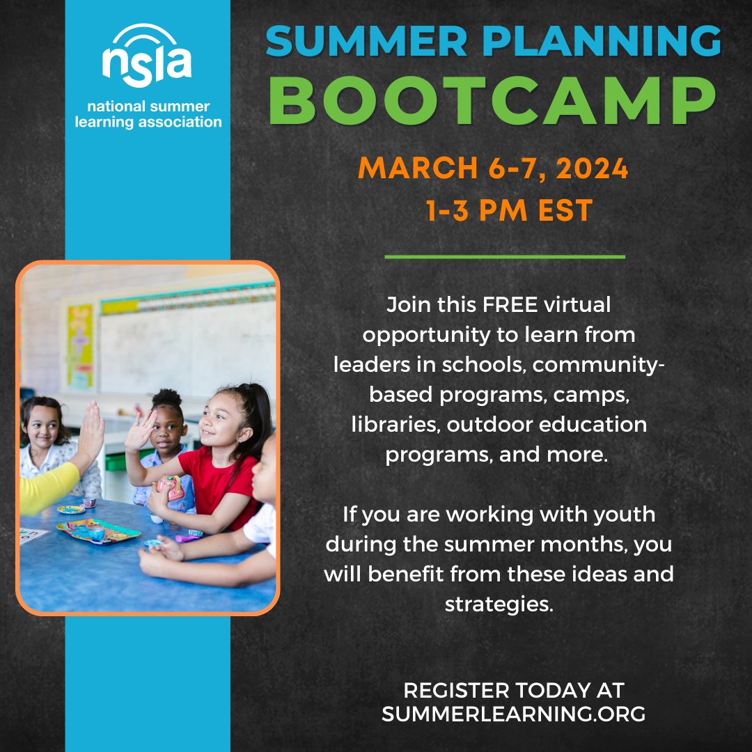 Mark your calendar for NSLA's Summer Planning Bootcamp! 🗓️ March 6-7, 2024 ⏰ 1-3PM EST 🗣 Get tools, ideas, and best practices for summer planning 🔗 Register today! bit.ly/480dBx7
