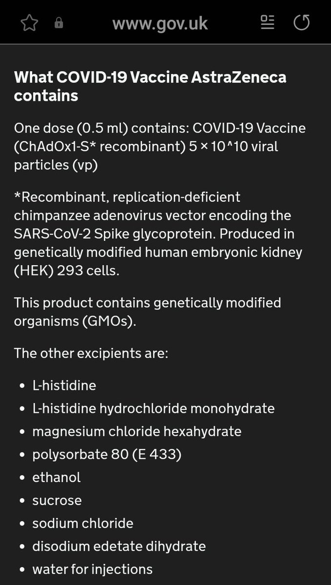 Some of the ingredients of the astrazeneca, looks like dave is suffering from them now, never seen him so ill!! To make matters worse he went into work this morning (why I dont know) and pulled his back...all avoidable amd preventable