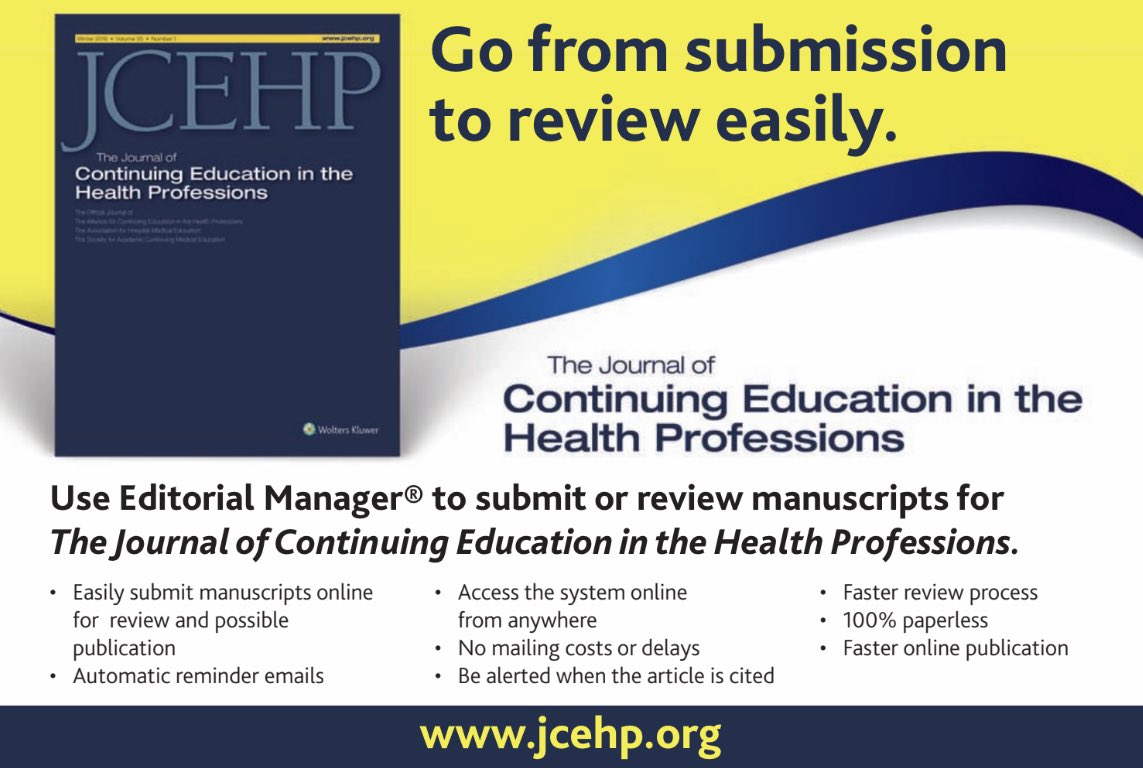 Attn #Alliance24 attendees, pick up a free copy of JCEHP at the @alliance4cehp booth and consider submitting your next paper to our journal: journals.lww.com/jcehp/Pages/In… #MedEd #CPD #CMEchat #CPDCME