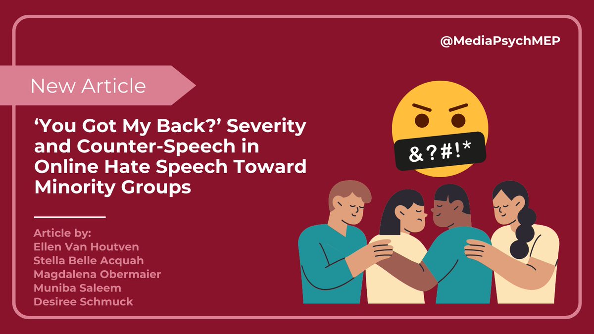 📢Pub alert 📢 In a new article, @EllenVanHoutven Stella B. Acquah @Malena_Kah @niba_saleem @DesireeSchmuck find that online #hatespeech is perceived by minority groups as social identity threat. 🌐🤬 Find out more about the role of counter speech here 👉 tinyurl.com/yzd6v4ey
