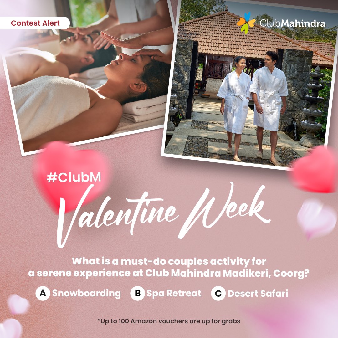 #ContestAlert​ 1 of 9 Participate in all #ClubMValentineWeek contest posts & win.​ STEPS 1) Commenting using #ClubMValentineWeek & @clubmahindra is mandatory​​ 2) Participate in all 9 contest posts Winners get *Amazon vouchers worth INR 500 each.​​ LAST DATE: 29th Feb ‘24