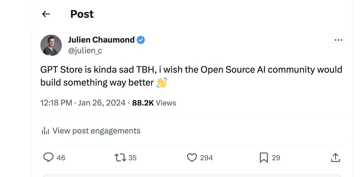 julien_c's tweet photo. Ten days ago I posted about GPT Store being a bit sad 😢:

What if we could build an open source alternative, with the full power of the Community?

So last Friday we launched Hugging Chat Assistants, and the adoption has been impressive:
- 4,000 Assistants have been created on https://t.co/LWdKTTE7lO
- you can view/customize all prompts to improve your own Assistant
- 1,500 users have chatted with my own LLM-powered clone, Clone of HF CTO (try it! it's fun)

Compared to GPT Store, Hugging Chat Assistants are:
- free to use (for both the creator and the user)
- powered by the best open source models (that you can choose)

This is only the start though. 🫡

Based on the community's initial feedback we are thinking of adding:

- Edit your Assistants via API, so you can always push up-to-date information to them.
- Add RAG (and web search) to Assistant
- Generate your Thumbnail Assistant via AI
- Suggest changes on other users Assistants
- Continually add new models to HuggingChat and Assistants
- any additional request, please send to @huggingface

Super excited to see what the open source AI community builds together ❤️

 Let's see how much bigger this'll get 🤯