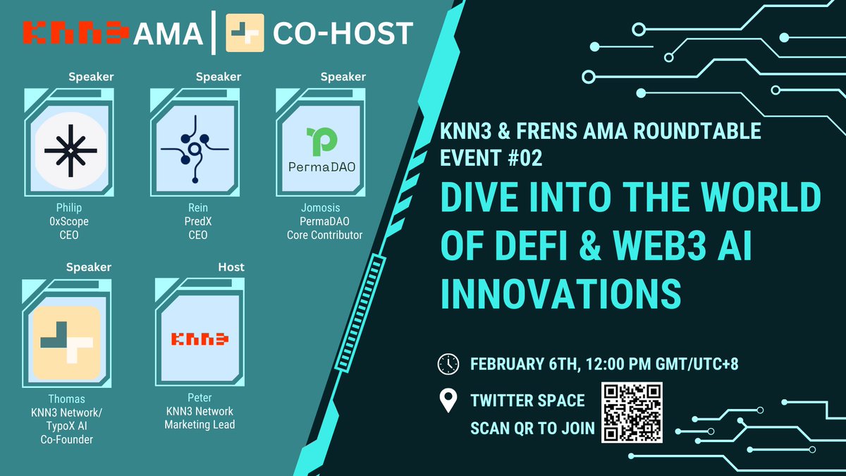 🌌 Step into the nexus of #DeFi &amp; #Web3AI as we convene with the masterminds behind 0xScope, PredX, PermaDAO, &amp; TypoX AI. This isn't just an AMA; it's a voyage into the next frontier of digital innovation. 🌐💡

🔴 Topics: AI's impact on DeFi, Web3 infra, Trading Bots, &amp; Smart