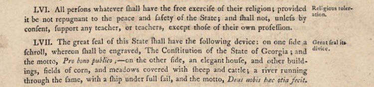 5 February 1777: “All persons whatever shall have the free exercise of their religion; provided it be not repugnant to the peace and safety of the State…” Art. LVI, #Georgia Constitution, unanimously agreed to in Savannah #otd in 1777.

#ReligiousLiberty or #ReligiousToleration?