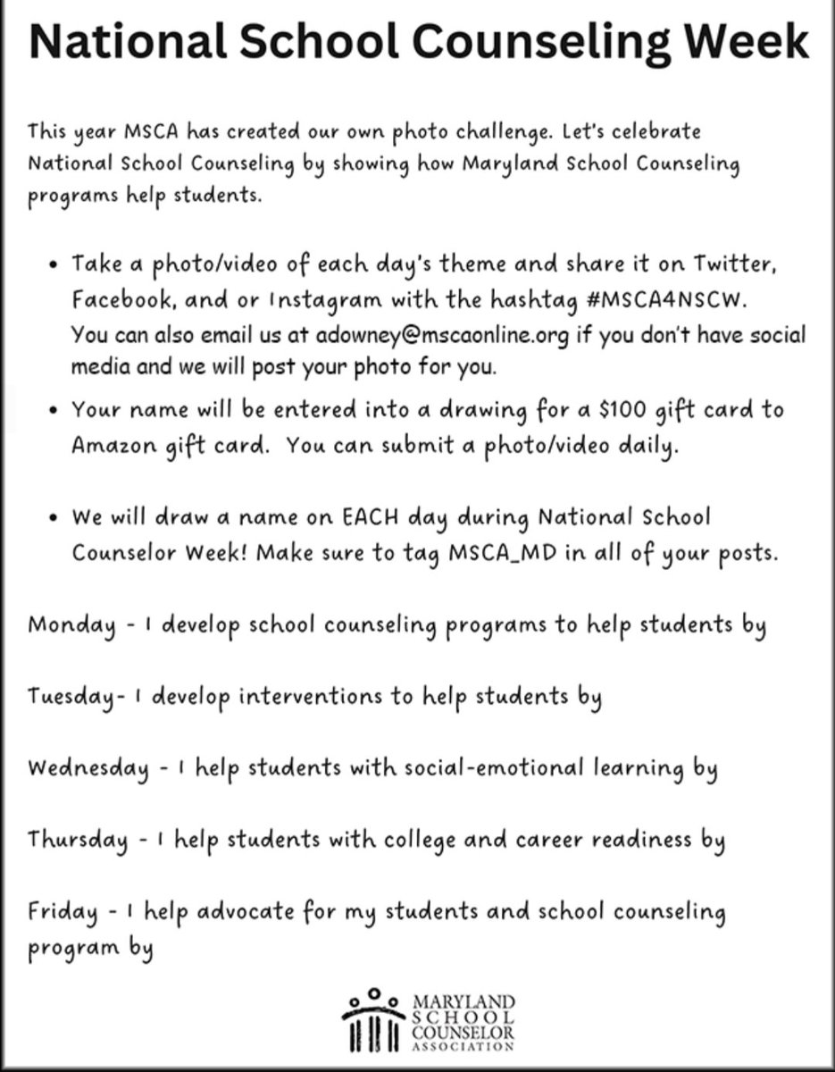 Don't forget to use the hashtag #MSCA4NSCW to be entered into our daily raffle!!