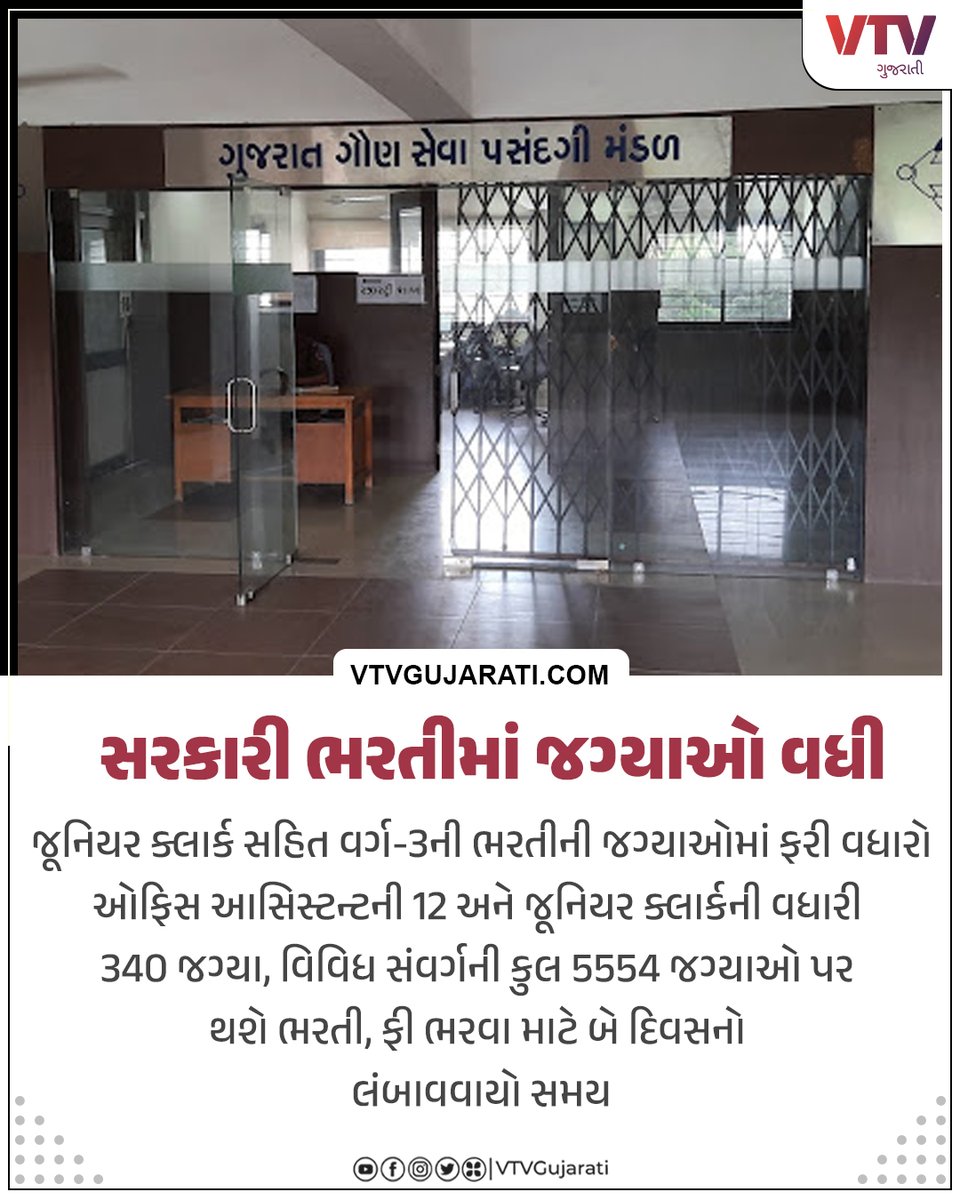 VtvGujarati's tweet photo. સરકારી ભરતીમાં ફરી જગ્યાઓ વધી

#GSSEB #Governmentjob #SarkariBharti #vtvgujarati #VTVcard https://t.co/Dqf4cod0J8