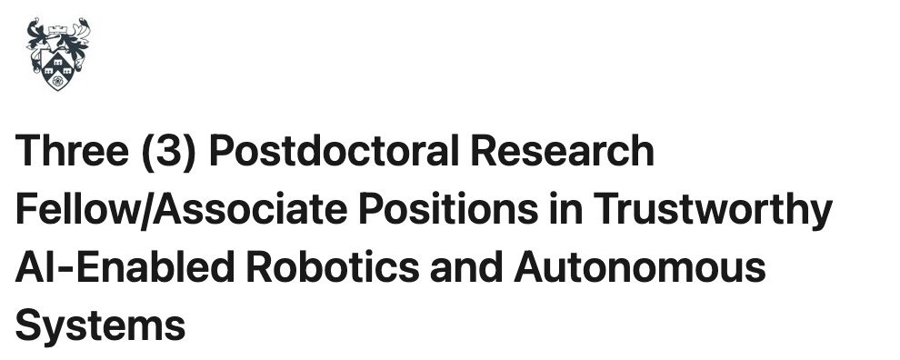 Simos Gerasimou (@simosgerasimou) on Twitter photo 🆕💡🏮Research Opportunity #hiring - Three (3) PostDoc/Senior PosDoc positions in #trustworthyai for AI-driven Autonomous Systems <a href="/UoY_CS/">UoY Computer Science</a> <a href="/UniOfYork/">University of York</a>
Duration ⏲: up to 31st December 2026
Deadline 🗓:23 February 2024
jobs.york.ac.uk/vacancy/resear…
jobs.york.ac.uk/vacancy/resear…
(RTs welcome) 🆕💡🏮Research Opportunity #hiring - Three (3) PostDoc/Senior PosDoc positions in #trustworthyai for AI-driven Autonomous Systems <a href="/UoY_CS/">UoY Computer Science</a> <a href="/UniOfYork/">University of York</a>
Duration ⏲: up to 31st December 2026
Deadline 🗓:23 February 2024
jobs.york.ac.uk/vacancy/resear…
jobs.york.ac.uk/vacancy/resear…
(RTs welcome)