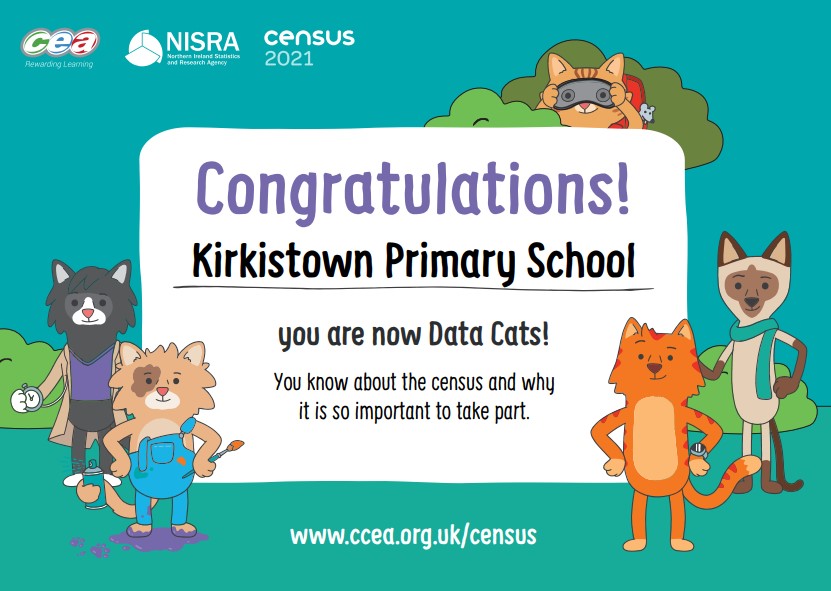 NICensus2021's tweet photo. Congratulations #Kirkistown #PrimarySchool, you are now #DataCats!
The #DataCats had a great time sharing the #Letscount lessons with the #students.
Contact us census@nisra.gov.uk to arrange a visit. Visit https://t.co/jbzGTd0q88 https://t.co/vWI3oohIH5