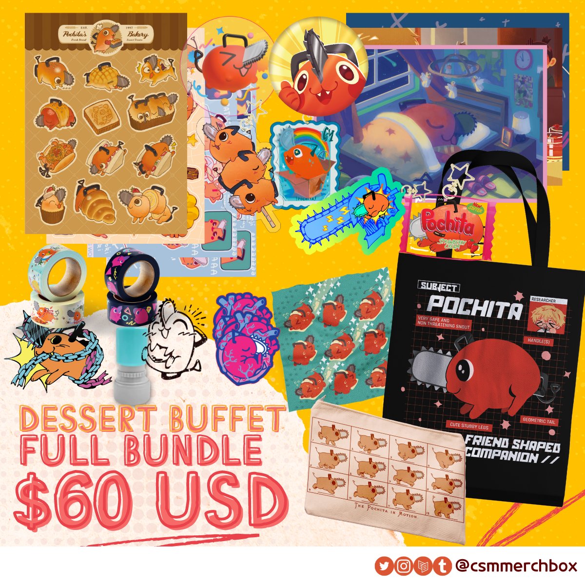 💛 LO bundle spotlights💛

Missed out on preorders? Make sure to snag our merch while you can! Stocks are limited, and some a la carte items have already sold out. So hurry, before the last of these cuties run out!!⚡

🛒csmmerchbox.bigcartel.com
#pochita #csm