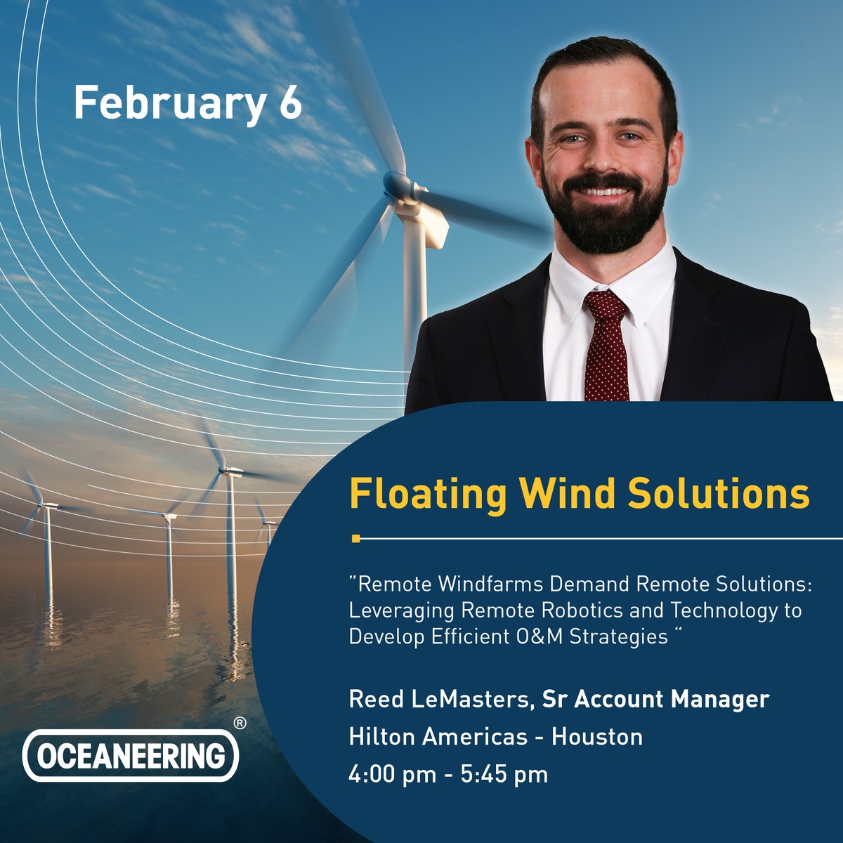 Oceaneering's tweet photo. Floating Wind Solutions starts today! Join Oceaneering's Reed LeMasters on February 6 to learn how to leverage remote robotics and technology to develop efficient O&M strategies for offshore wind. Learn more: https://t.co/hZQ6v7VOLF
#offshorewind #floatingwindsolutions #houston https://t.co/vJ3azqKTe3