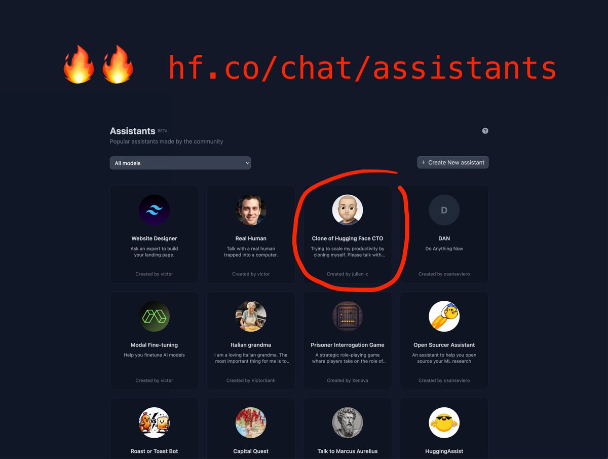 julien_c's tweet photo. Ten days ago I posted about GPT Store being a bit sad 😢:

What if we could build an open source alternative, with the full power of the Community?

So last Friday we launched Hugging Chat Assistants, and the adoption has been impressive:
- 4,000 Assistants have been created on https://t.co/LWdKTTE7lO
- you can view/customize all prompts to improve your own Assistant
- 1,500 users have chatted with my own LLM-powered clone, Clone of HF CTO (try it! it's fun)

Compared to GPT Store, Hugging Chat Assistants are:
- free to use (for both the creator and the user)
- powered by the best open source models (that you can choose)

This is only the start though. 🫡

Based on the community's initial feedback we are thinking of adding:

- Edit your Assistants via API, so you can always push up-to-date information to them.
- Add RAG (and web search) to Assistant
- Generate your Thumbnail Assistant via AI
- Suggest changes on other users Assistants
- Continually add new models to HuggingChat and Assistants
- any additional request, please send to @huggingface

Super excited to see what the open source AI community builds together ❤️

 Let's see how much bigger this'll get 🤯