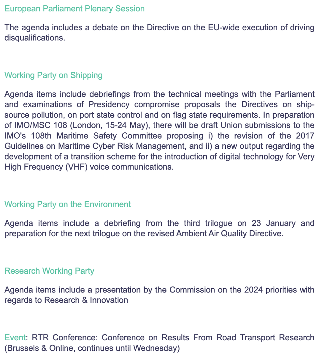 📆 Today in EU #TransportPolicy 👇

#EPlenary: EU-wide driving disqualifications

#Shipping WP:
🚢 #PortState control
🇪🇺 #FlagState requirements
⛴️ Ship-Source Pollution

Environment WP: Ambient Air Quality #AAQD