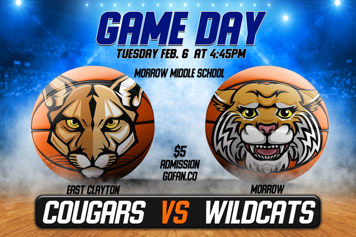 MorrowWildcats's tweet photo. It's almost game time. Come support the Morrow Wildcats as we compete against the East Clayton Cougars tomorrow Feb. 6th at 4:45 pm. The location is Morrow Middle School. @CrystalHaines16 @CCPSNews https://t.co/yUYk4lnMLu
