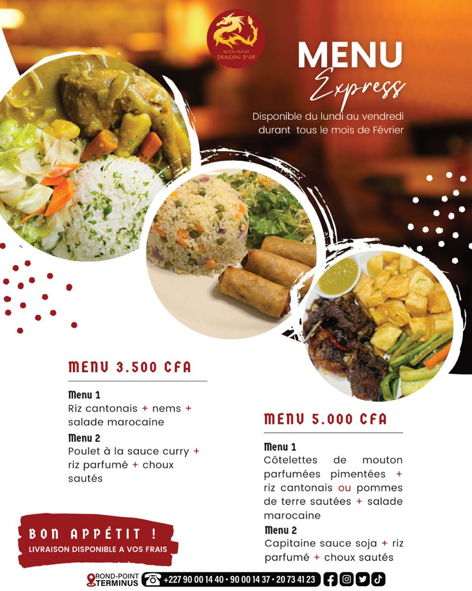 Dragondorniamey's tweet photo. Un menu qui parle en saveurs, pas en mots. Profitez de notre menu express du Lundi au Vendredi.
#drangondor #niamey #menuexpress #asiatique https://t.co/6B4ptKKZ4x