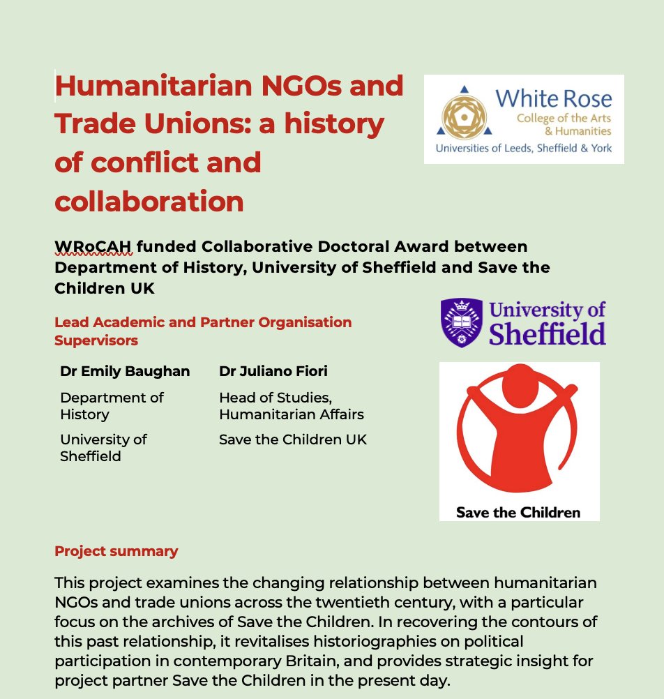 starting sept 2024 - a PhD project, collaboratively supervised by me and Juliano Fiori at Save the Children UK, on 'Humanitarian NGOs and Trade Unions: a history of conflict and collaboration' - seeking applicants. please share! wrocah.ac.uk/cda-projects-o… (scroll down for details)