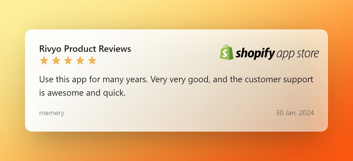 🌟 Exciting News! 🌟Our Rivyo Product Reviews App has received a new review on the @Shopify App Store! Thank you to the merchants for the love & support. Your feedback keeps us motivated to deliver excellence!

🔗apps.shopify.com/rivyo-product-…

#Rivyo #ShopifyApp #CustomerExperience