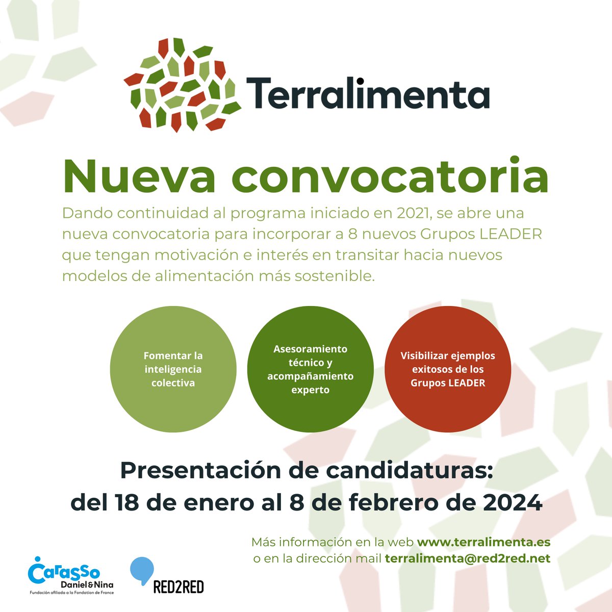 ✨¡ÚLTIMOS DÍAS de #Terralimenta!

8 grupos LEADER transitarán hacia modelos de alimentación más sostenibles. Descubre cómo formar parte de esta iniciativa que promueve la sinergia,  ¡porque lo grupal siempre aporta más!

🔎terralimenta.es

#Sostenibilidad #Alimentación