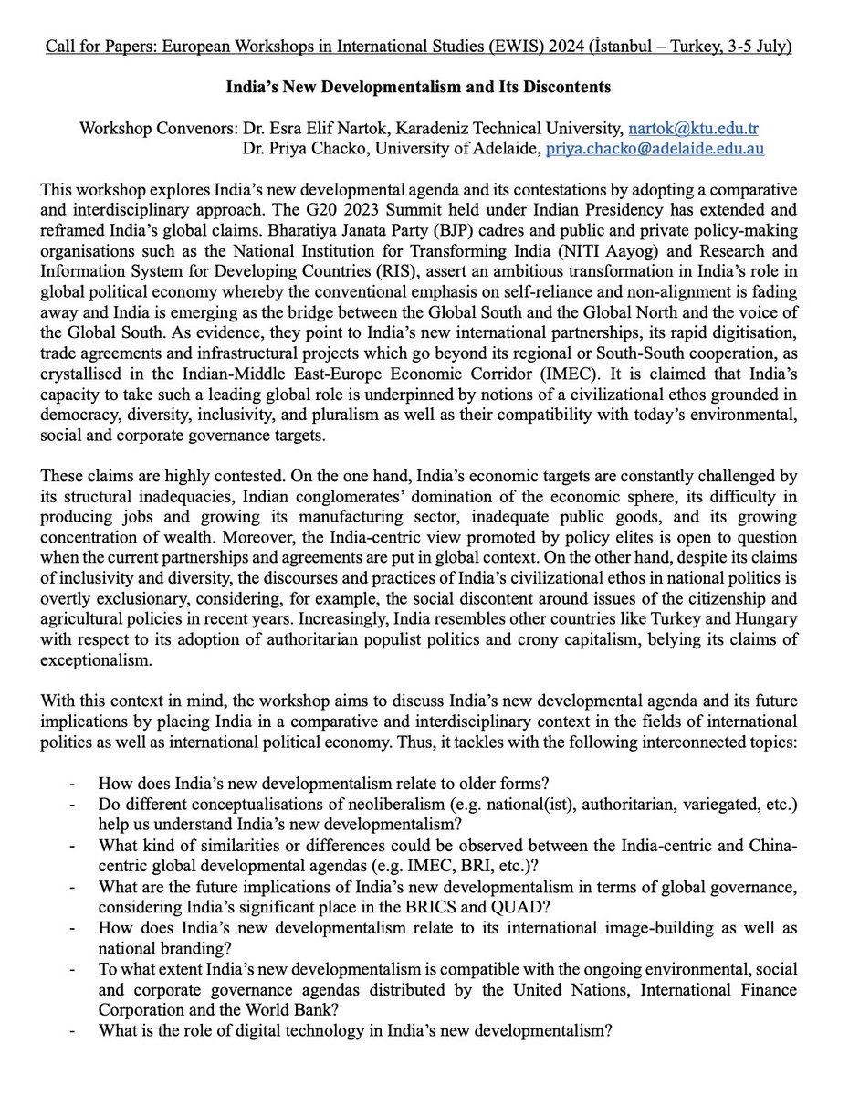 The last day to submit abstracts for our #EWIS2024 workshop (WS42): 'India's New Developmentalism and Its Discontents'. 

If you are interested in one of the topics/ questions below, do submit your abstracts by midnight!

#cfp @europeanisa