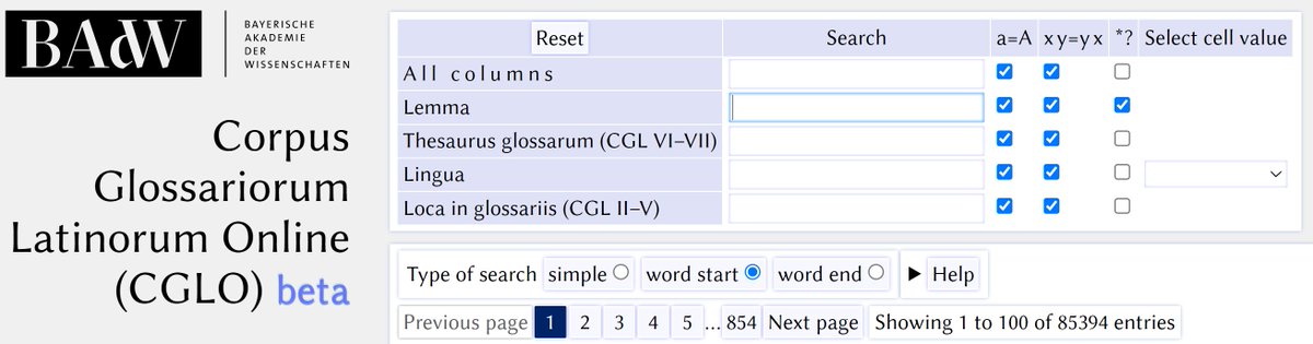 Presenting the 🪩 CORPUS GLOSSARIORUM LATINORUM Online! 🪩 An interface for searching the printed CGL (1888–1923), including ca. 62k Latin words, 20k Greek, 2k Old English, and 32 Old High German, with their Latin interpretations. publikationen.badw.de/en/cglo/index