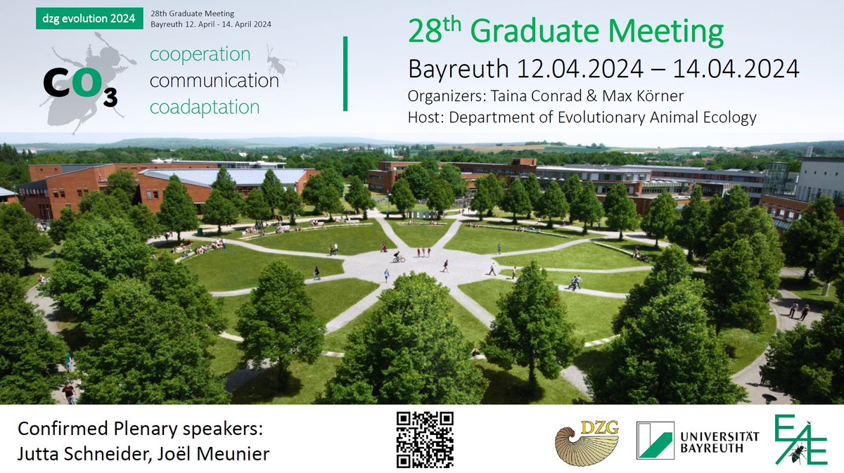 Maximilian Körner (@max_evolbio) on Twitter photo Less than one month left to register for the Graduate Meeting DZG Evolutionary Biology 2024 in Bayreuth! Bachelor, Master, and PhD students & early postdocs are cordially invited to present their data and mingle! We at <a href="/SteigerLab/">Sandra Steiger</a> can't wait! #dzgeb2024
bayceer.uni-bayreuth.de/eb2024/?lang=en Less than one month left to register for the Graduate Meeting DZG Evolutionary Biology 2024 in Bayreuth! Bachelor, Master, and PhD students & early postdocs are cordially invited to present their data and mingle! We at <a href="/SteigerLab/">Sandra Steiger</a> can't wait! #dzgeb2024
bayceer.uni-bayreuth.de/eb2024/?lang=en