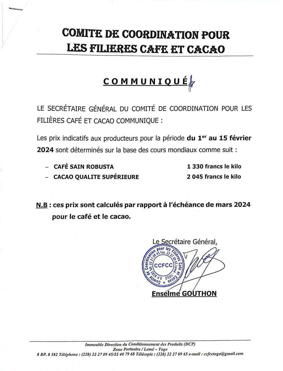🎯 Prix indicatifs aux producteurs de café et cacao 

Période : 1er au 15 février 2024

👇🏽👇🏽👇🏽

#Denyigban
#Togo🇹🇬
#CCFCCTg