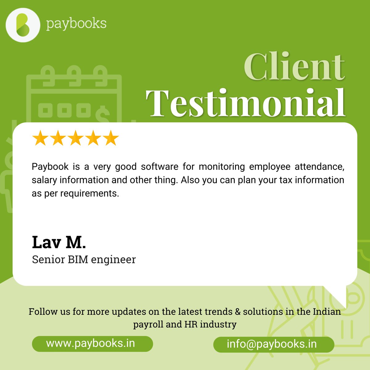 Our valued client shared his firsthand experience of using the #Paybooks software.

#PaybooksExperience #ClientTestimonial #UserFeedback #HappyCustomer #PayrollSolutions #ClientSatisfaction #SoftwareReview #HR #PayrollSoftware #CustomerExperience #PayrollManagement