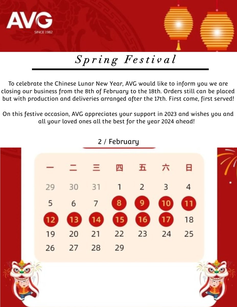All_Victory1982's tweet photo. To celebrate the Chinese Lunar New Year, AVG would like to inform you we are closing our business from the 8th of February to the 18th. Orders still can be placed but with production and deliveries arranged after the 17th. First come, first served! https://t.co/8GHPQEslmA