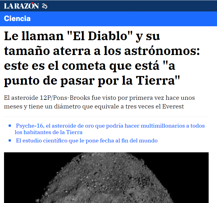 ExoPlanetascom's tweet photo. Nunca te acostarás sin leer una tontería más 🧐
Querida Nora Villalba, de “La Razón”; ya sabemos que los periodistas podéis mentir en las noticias de Ciencia sin que ocurra nada; pero eso de que el "Cometa Diablo"  (término que se inventaron los medios sensacionalistas) “aterra a los expertos ante la posibilidad de que pueda chocar contra nuestro planeta”. ¿En que bar de carretera se  encontraban esos “expertos”? 
La máxima aproximación de dicho cometa a la Tierra será el 2 de junio a 232 MILLONES DE KM. Para que tengamos una referencia un millón de km es la distancia que separa el trabajo de Nora Villalba de una información veraz.
😈Necesitamos un Gordon Ramsay que denuncie el Infierno de la información científica y recupere la pasión por contar la verdad que debían tener todos estos periodistas cuando iniciaron sus estudios en la Universidad.