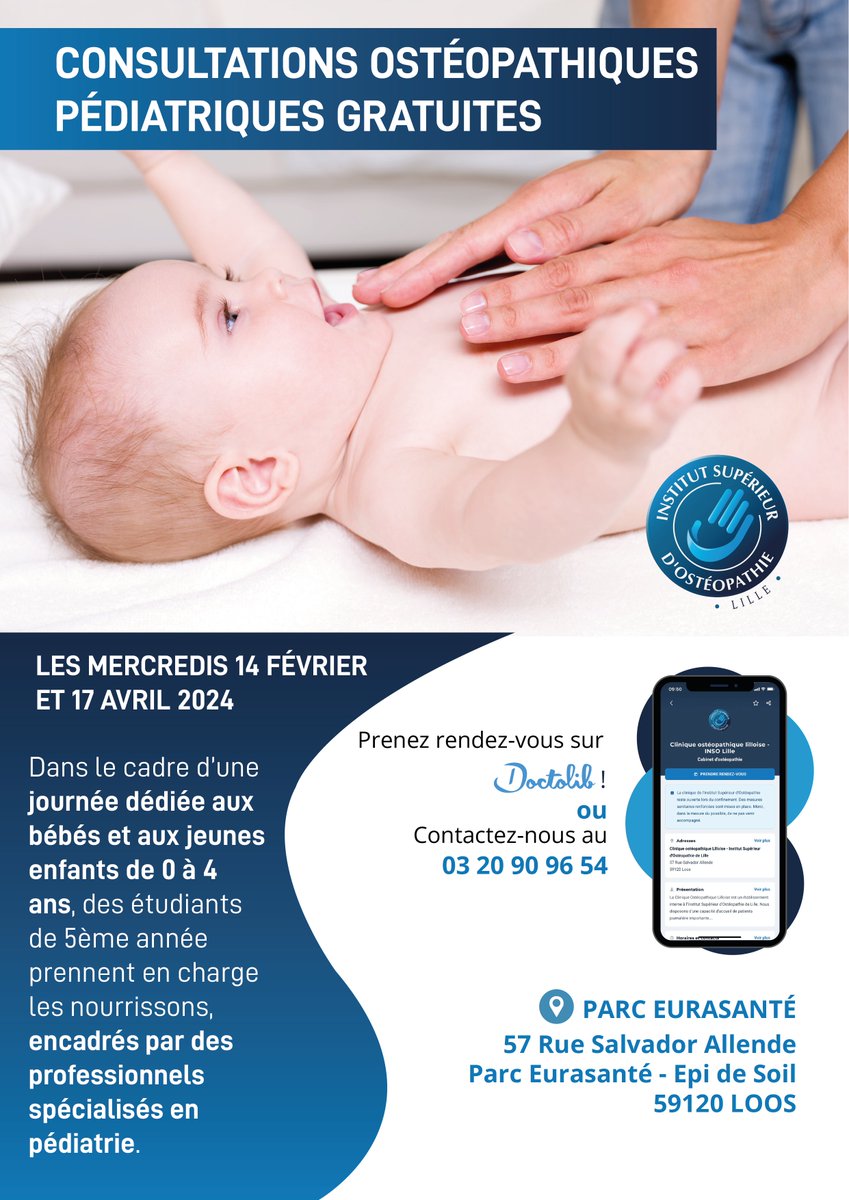 La clinique de l'InSO propose des consultations ostéopathiques pédiatriques à 0€ les 14 février et 17 avril 2024 ! Nous accueillons les nouveau-nés jusqu'aux enfants de 4 ans.

N'hésitez pas à nous contacter si vous êtes intéréssé(e) !