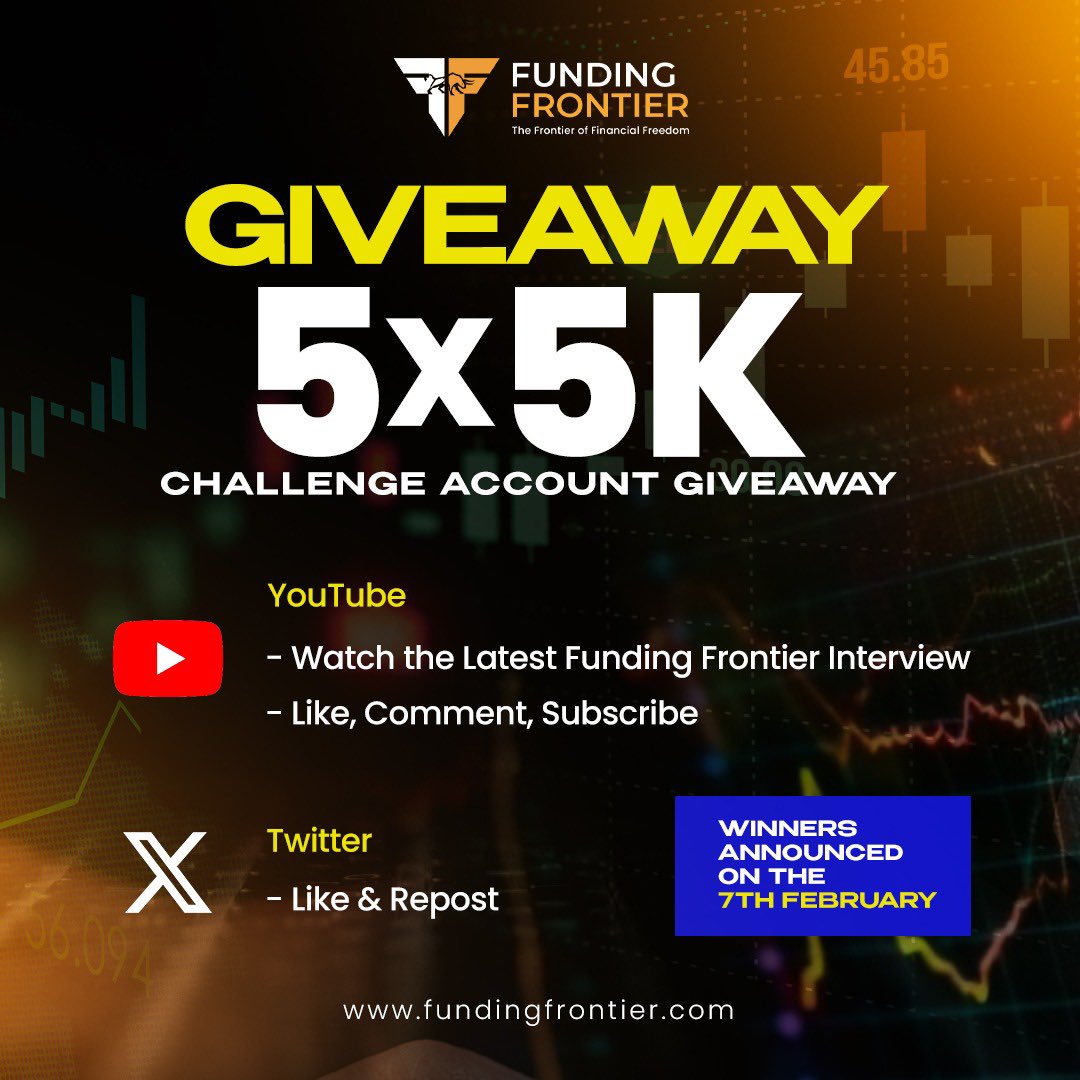 🚨5 x $5K Challenge Account Giveaway🚨

Rules: 

YouTube
🔸Watch the latest interview on the Funding Frontier YouTube Channel
🔸Like, Comment, Subscribe
Link: youtu.be/56J-Zw1yLlc?si…

Twitter/X
🔸Like &amp; Repost this!

Once complete fill in the following form: