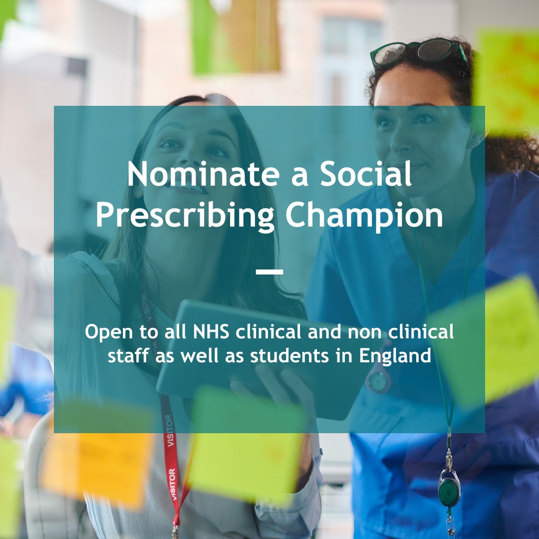 Nominate a Social Prescribing Champion! Calling #NHS clinical & non-clinical staff, we are looking for nominees who are passionate about supporting #SocialPrescribing as Champions. We welcome self or external nominations - to find out more: bit.ly/3HptOkQ