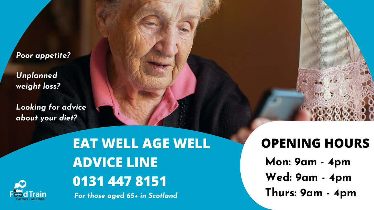 Our Eat Well Age Well Advice Line is open to anyone aged 65+, or anyone caring for an older person, who has concerns about appetite, eating well or unplanned weight loss. Our friendly team are here to offer guidance and support. 0131 447 8151