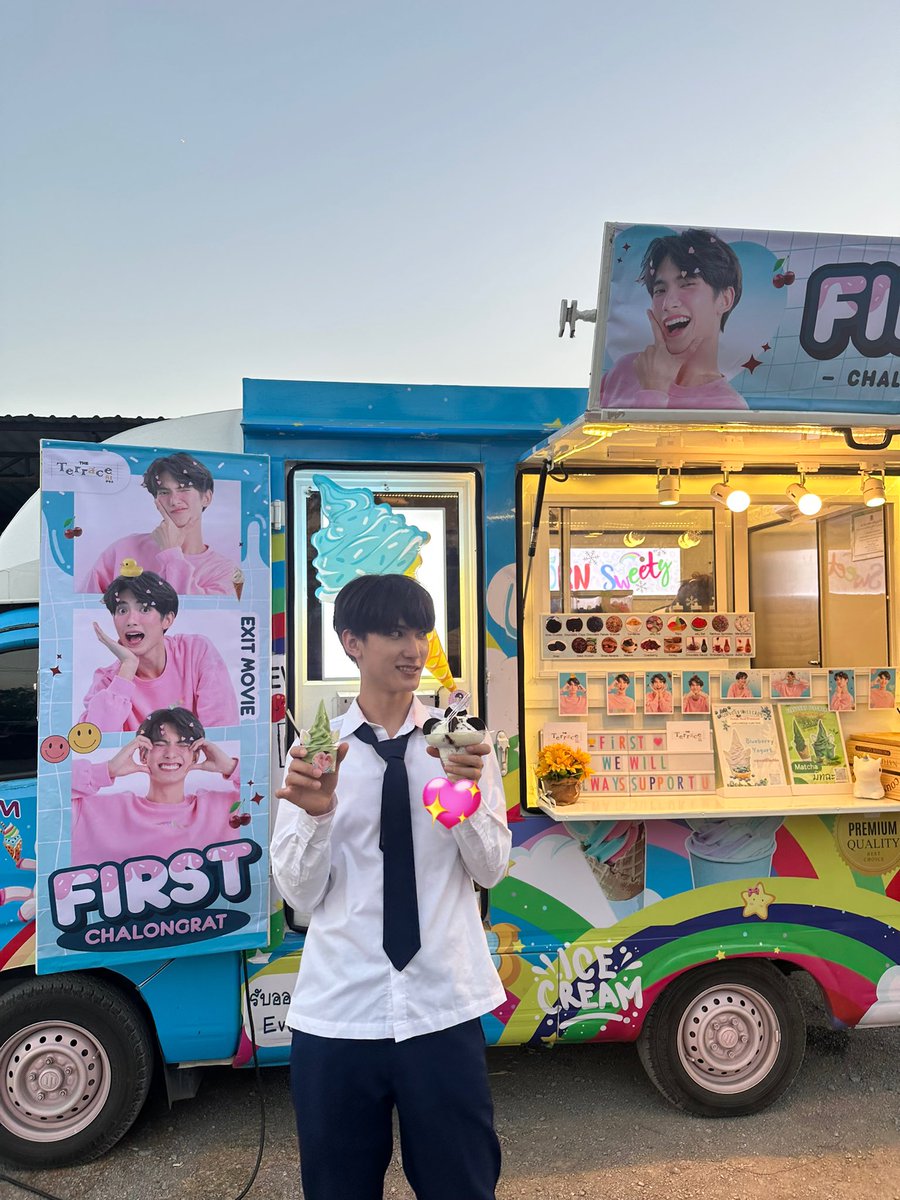 Ice Cream Truck from #TheTerrace81TH has arrived at the #EXITMOVIE set yesterday to support our artist @firstfh5 , other actors and staff member of the movie for working so hard! Hope this could help everyone refreshing. Fighting! 💖 #First_Chalongrat