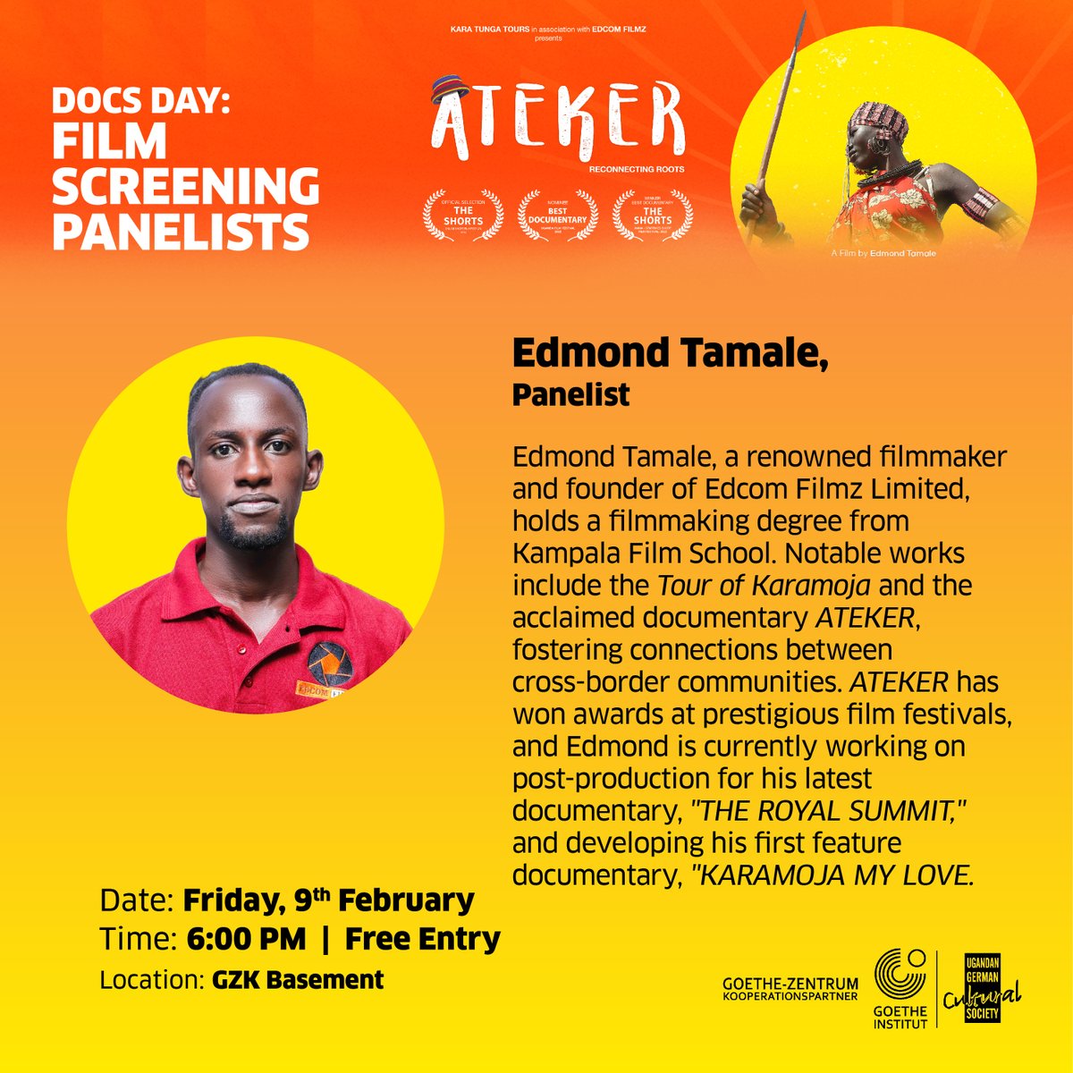 GZ_Kampala's tweet photo. ๐ฌ๐ Get ready to applaud the brilliant mind behind 'Ateker'! Director @edmond_tamale takes the spotlight this Friday at 6 pm in our Basement. Don't miss outโsee you there! #AtekerScreening #DirectorSpotlight #MovieMagic ๐ฟโจ https://t.co/0AJnoYYXpI