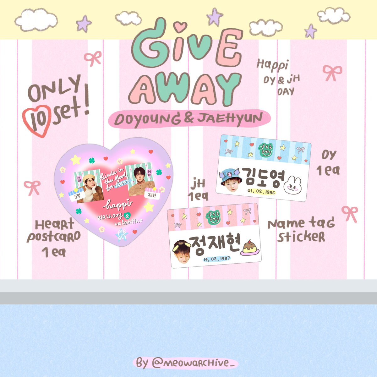 Pls kindly rt 💭

Giveaway for DOYOUNG &amp; JAEHYUN day 🥨🍮
❕only 10 set 
🔗gg form : 14.02.2024
🕰️ time : tba 

exchange dm loey kaaa 

#HAPPYDOYOUNGDAY
#HAPPYJAEHYUNDAY