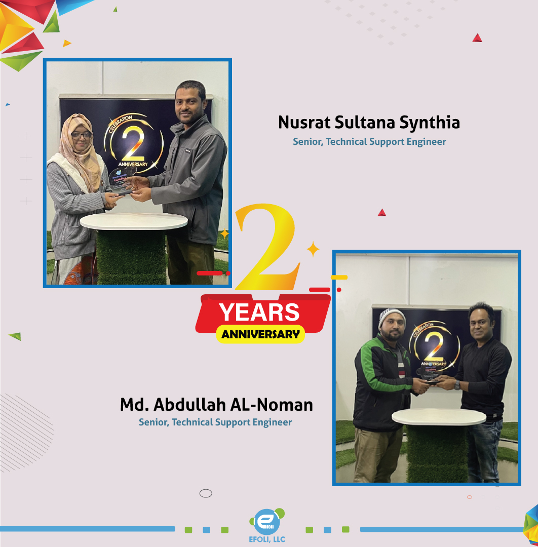 Big congrats to Abdullah Al-Noman and Nusrat Sultana Synthia for their 2 fabulous years at eFoli!🎉 Their dedication, skills, and loyalty were remarkable. To celebrate, we surprised them with a personalized crest and a special cash incentive. #Efoli #workanniversary