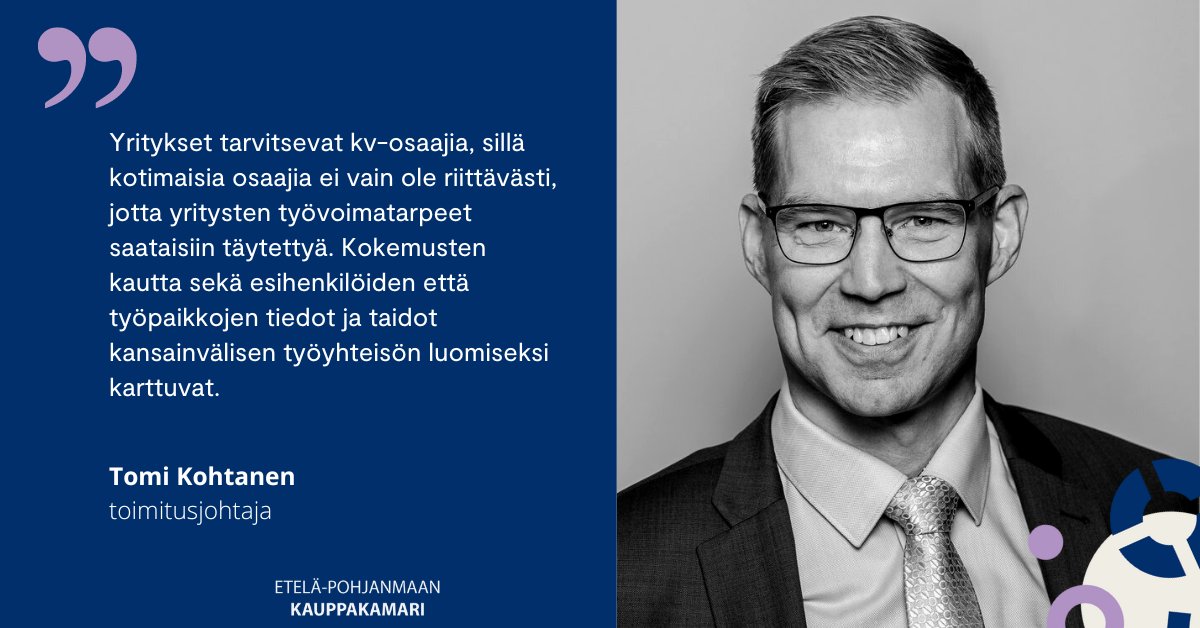 Toimitusjohtajamme Tomi Kohtanen kirjoittaa uusimmassa Kamariviestin pääkirjoituksessa kansainvälisten osaajien tärkeydestä. Lue koko artikkeli täältä: etela-pohjanmaankauppakamari.fi/uutinen/tyovoi…