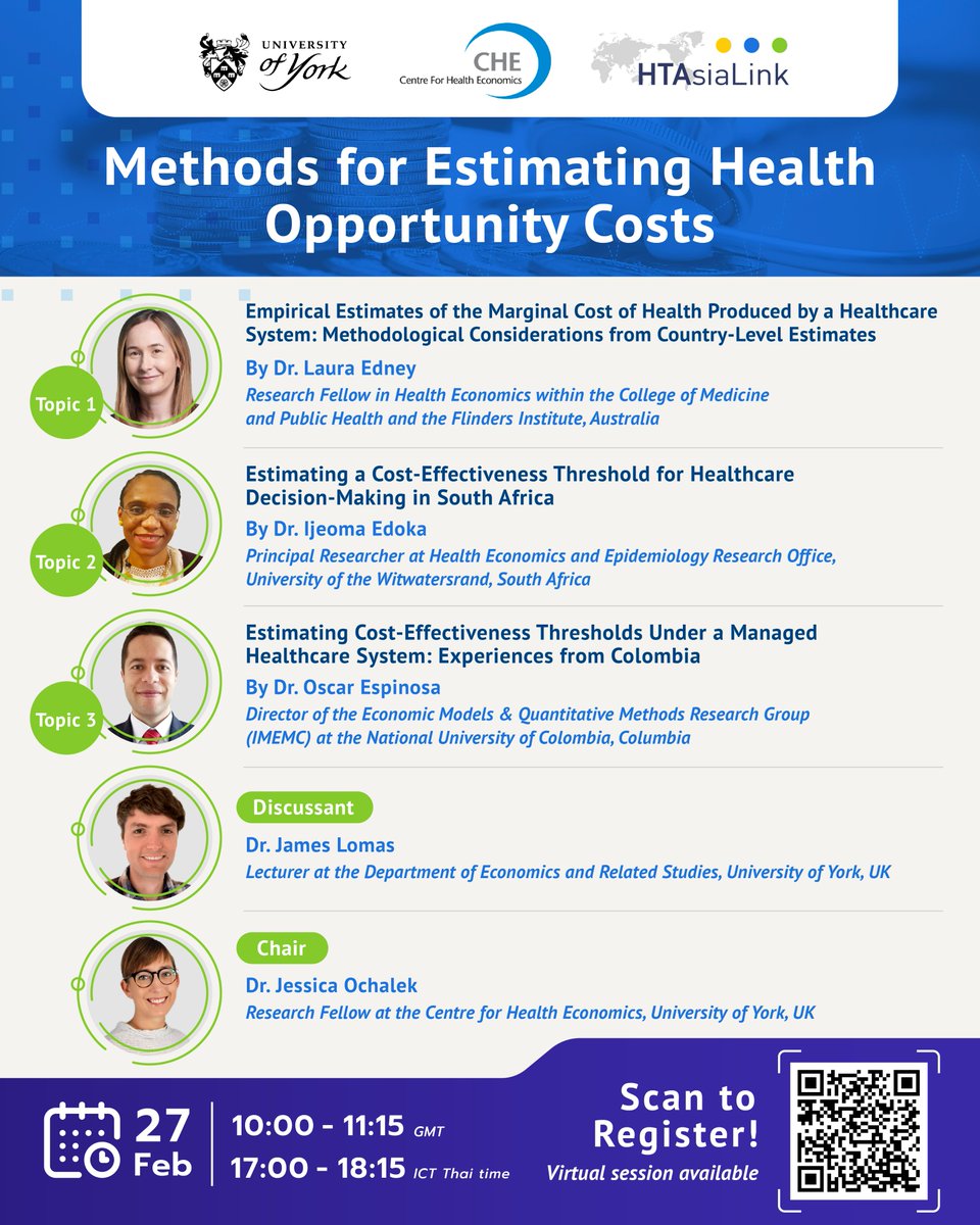 🌟 Upcoming Event | Join our new session in #HTAsiaLink webinar series on "Methods for Estimating Health Opportunity Costs"
📆 Date: 27 February 2024 (Tue)
🕰 Time: 10:00-11:15 AM GMT / 17:00-18:15 PM ICT

🔗 Register now: us06web.zoom.us/webinar/regist…