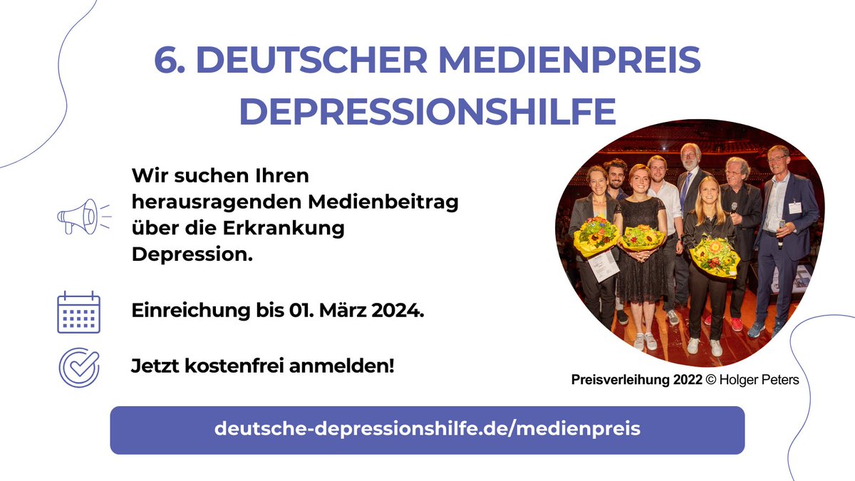 Wir schreiben zum 6. Mal den „Deutschen Medienpreis Depressionshilfe“ aus. Damit werden herausragende Medienbeiträge ausgezeichnet, die einem breiten Publikum anschaulich und kompetent von der Erkrankung Depression berichten. deutsche-depressionshilfe.de/medienpreis