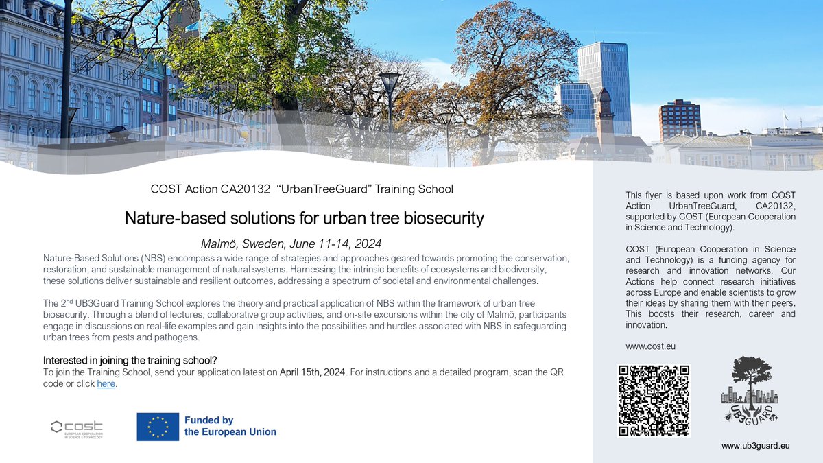 The 2nd Cost Action CA20132 UB3Guard Training School! Join us in Malmö, Sweden, June 11-14, 2024, to explore Nature-based solutions for urban tree biosecurity. Engage in lectures, activities, and excursions. #Urbantrees #Biosecurity #COSTactions
Apply now: ub3guard.eu/news/apply-now…
