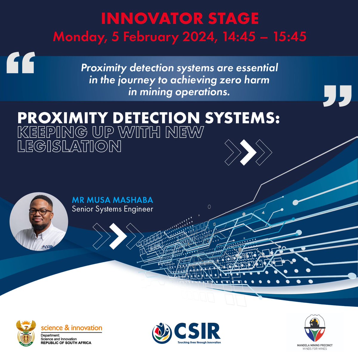 CSIR's tweet photo. Are you at the African #MiningIndaba today? Join #TeamCSIR Senior Systems Engineer Musa Mashaba today from 14:45 at the #MI24 Innovator Stage for a talk on "Proximity Detection Systems: Keeping up with new legislation". Don't miss it! 
#InvestingSA #SAMining  #MiningInvestment https://t.co/BO4xTMABK5