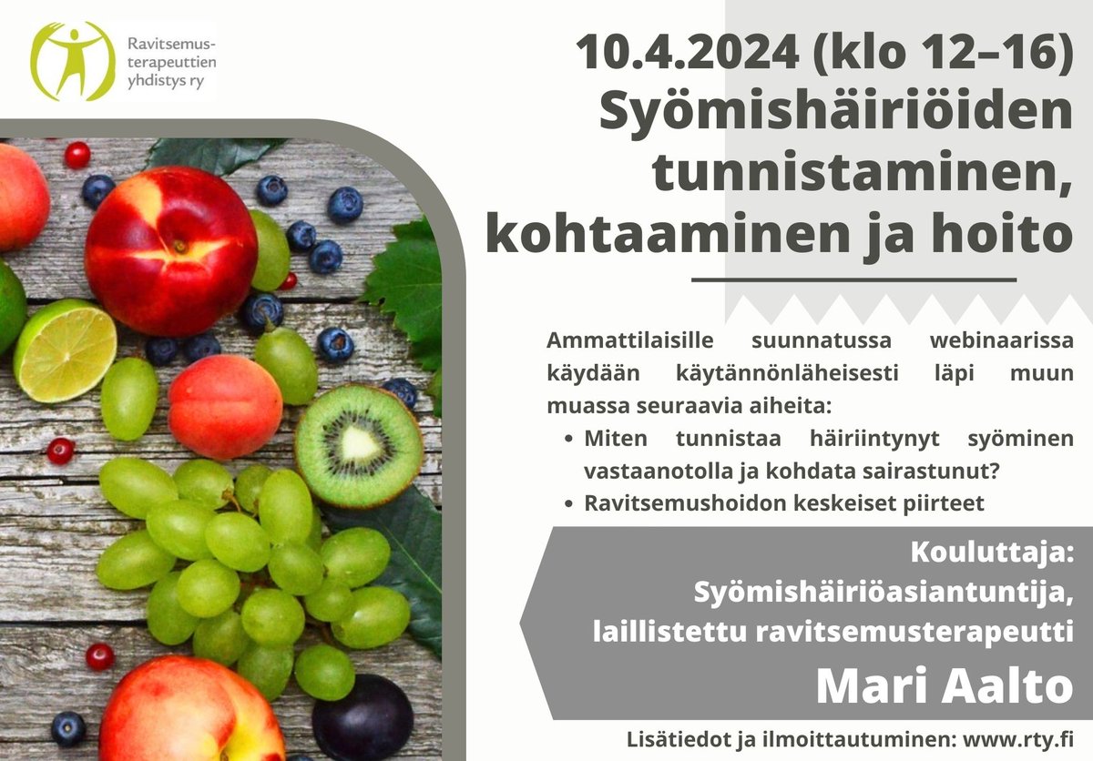 Järjestämme 10.4.2024 paljon toivotun koulutuksen syömishäiriöistä! Kouluttajana webinaarissa toimii syömishäiriöasiantuntija, laillistettu ravitsemusterapeutti Mari Aalto.
Lue lisää ja ilmoittaudu mukaan: rty.fi/toiminta/muu-k…
#Syömishäiriöt #Koulutus #Ravitsemus #Webinaari